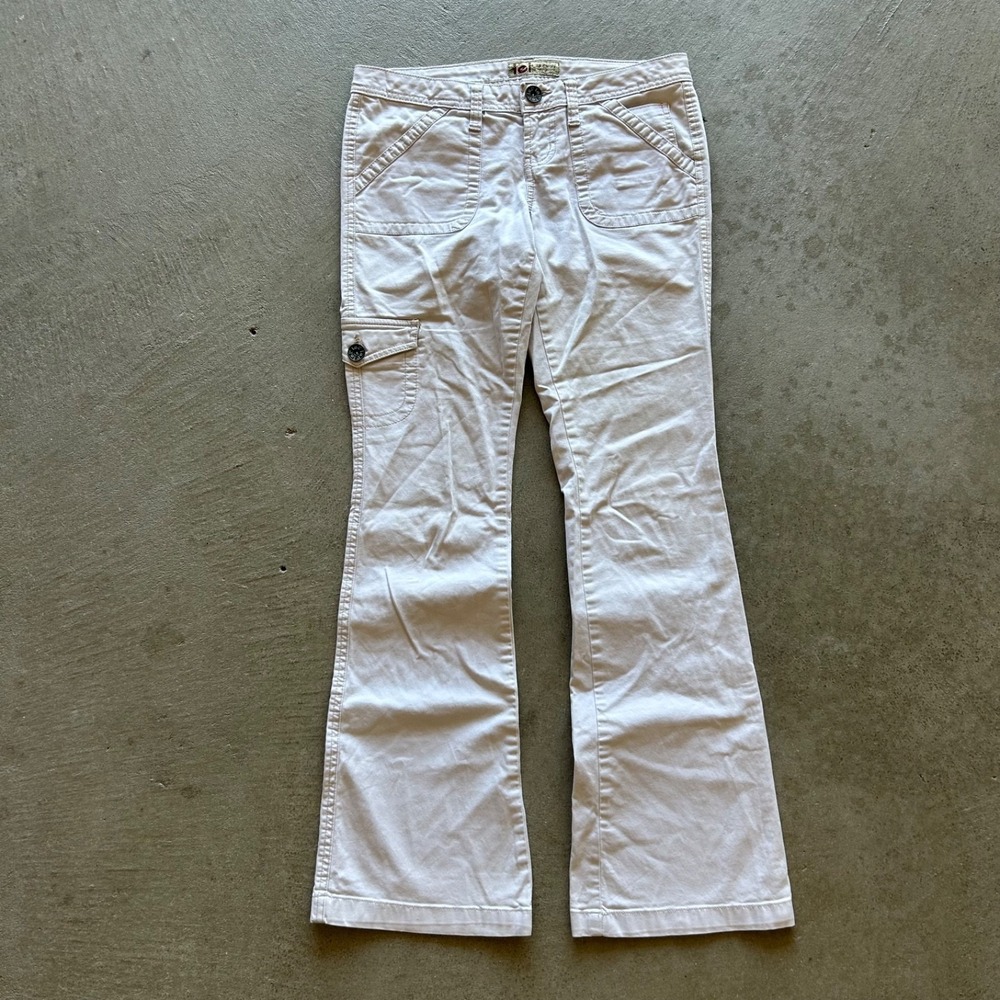 Vintage Lei Flare Cargo Pants Womens Size 1 Khaki Beige Low Rise Y2K Wide Leg